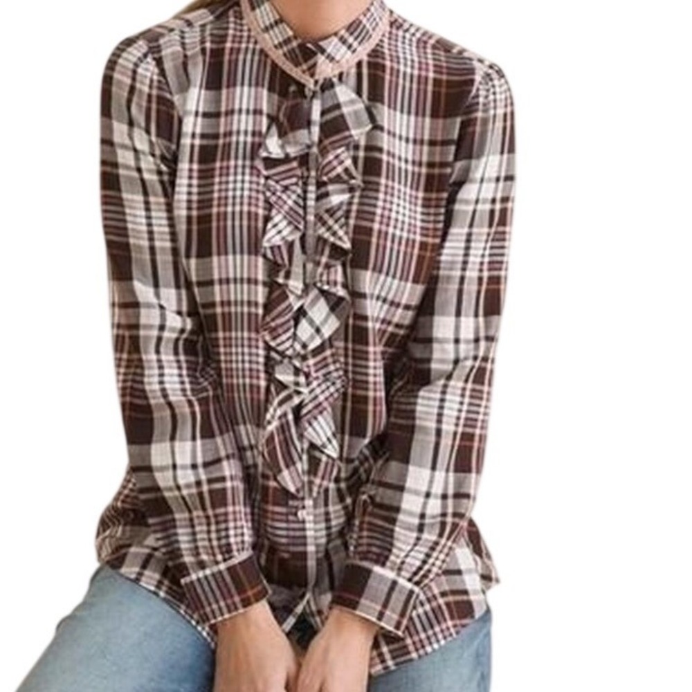NWT Chicos Women's Ruffle Neck Plaid Blouse Top Double Espresso Brown Size‎ XL